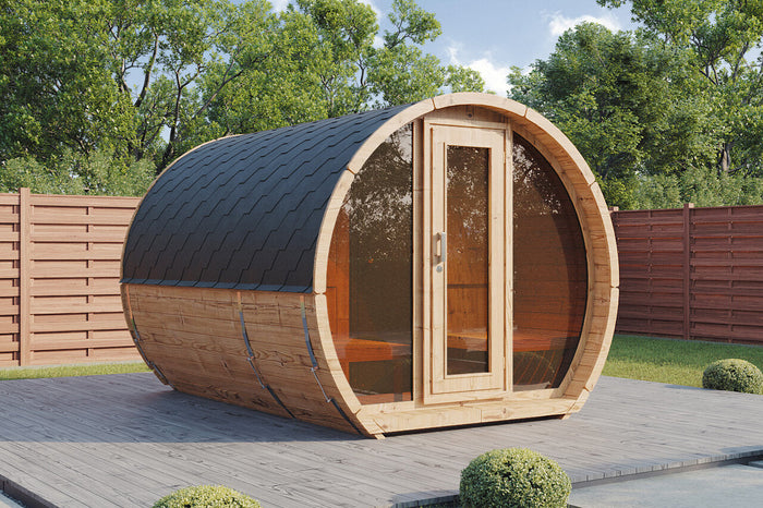 Wolff Finnhaus Saunafass Sena 2333 Bausatz mit schwarzen Dachschindeln