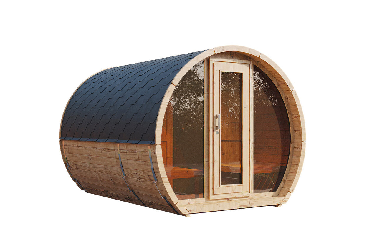 Wolff Finnhaus Saunafass Sena 2333 Thermoholz Bausatz mit schwarzen Dachschindeln