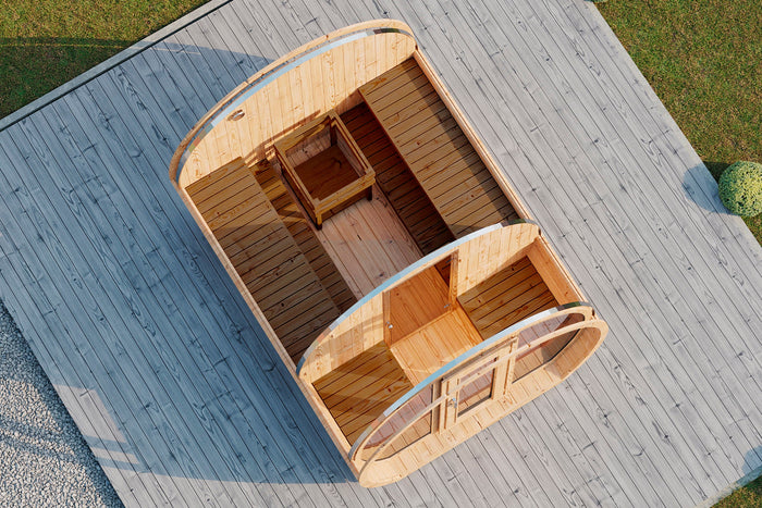 Wolff Finnhaus Saunafass Senta 2333 Thermoholz Bausatz mit schwarzen Dachschindeln