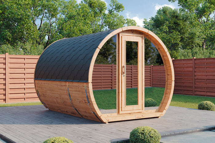 Wolff Finnhaus Saunafass Senta 2333 Bausatz mit schwarzen Dachschindeln