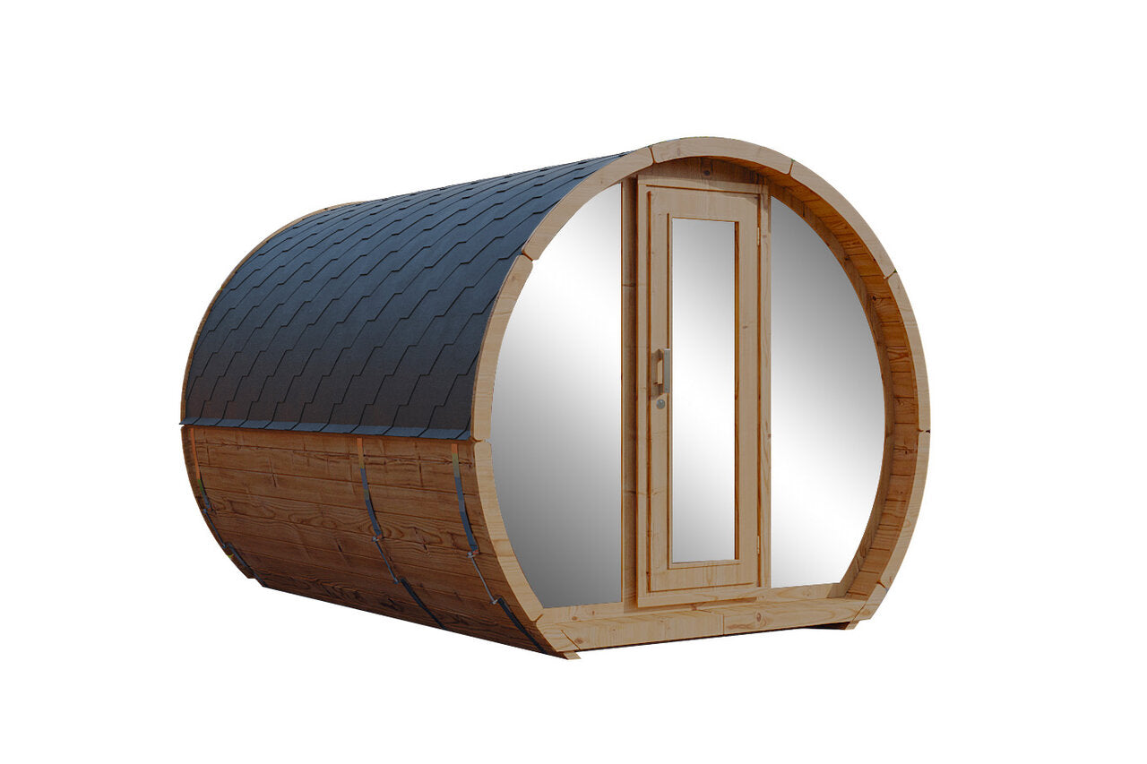 Wolff Finnhaus Saunafass Senta 2333 Thermoholz Bausatz mit schwarzen Dachschindeln