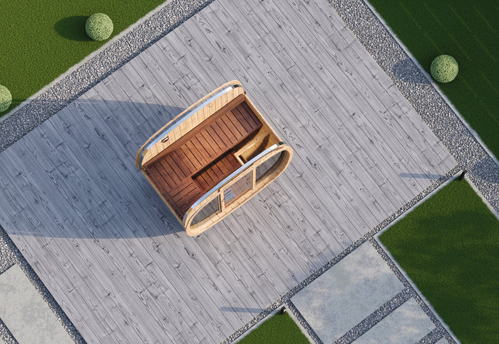 Wolff Finnhaus Saunafass Clas 2113 Bausatz mit schwarzen Dachschindeln