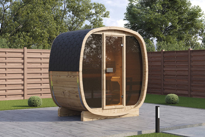 Wolff Finnhaus Saunafass Clas 2113 Bausatz mit schwarzen Dachschindeln