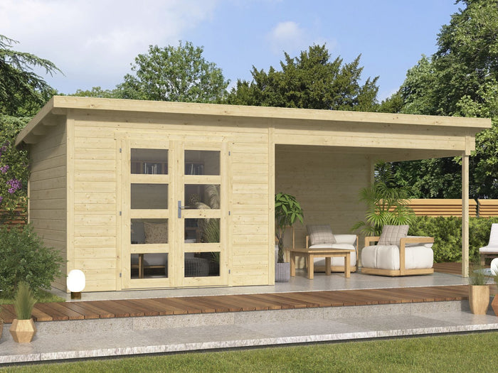 Wolff Finnhaus Gartenhaus Ole 6028, 28 mm, mit Anbau und Rückwand, naturbelassen