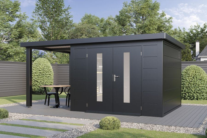 Wolff Finnhaus Metallgartenhaus Elvar 5424, Anthrazit, inkl. Seitendach links 2,40 m