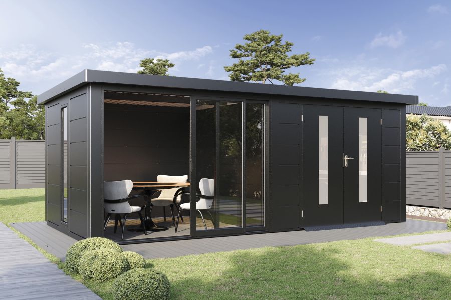 Wolff Finnhaus Metallgartenhaus Elvar 6030, Anthrazit, inkl. Seitendach links 3 m