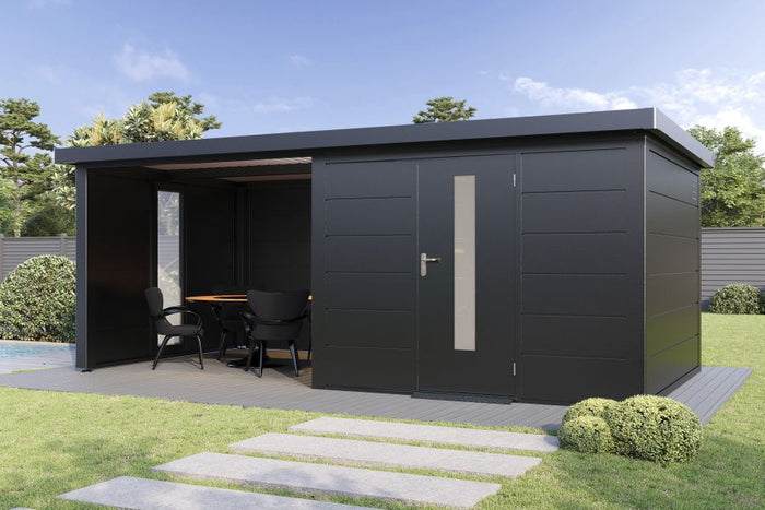 Wolff Finnhaus Metallgartenhaus Thorin 6030, Anthrazit, 1 flg, inkl. Seitendach links 3 m