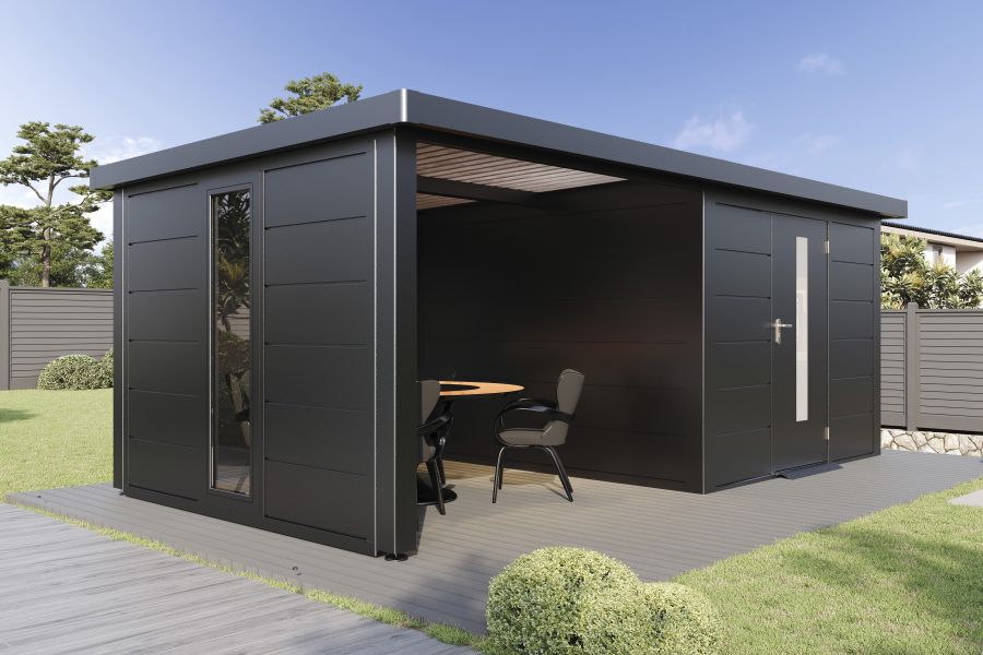 Wolff Finnhaus Metallgartenhaus Thorin 6030, Anthrazit, 1 flg, inkl. Seitendach links 3 m