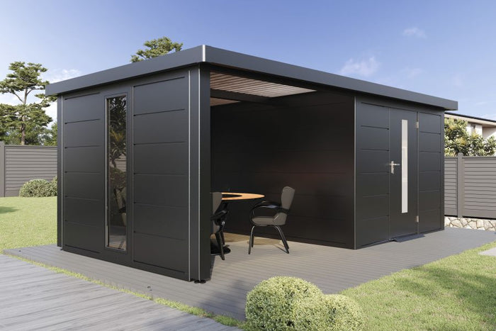 Wolff Finnhaus Metallgartenhaus Thorin 6030, Anthrazit, 1 flg, inkl. Seitendach links 3 m