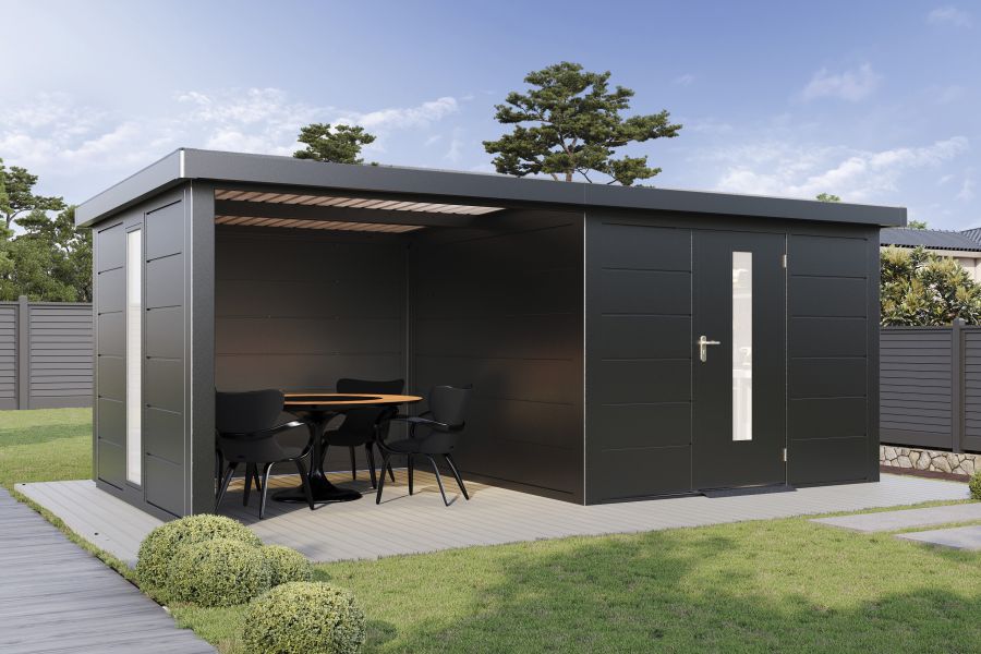 Wolff Finnhaus Metallgartenhaus Thorin 6030, Anthrazit, 1 flg, inkl. Seitendach links 3 m