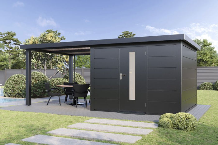 Wolff Finnhaus Metallgartenhaus Thorin 6030, Anthrazit, 1 flg, inkl. Seitendach links 3 m