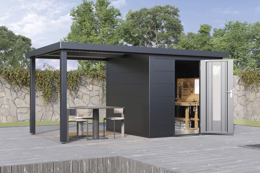 Wolff Finnhaus Metallgartenhaus Thorin 4824, Anthrazit, 1 flg, inkl. Seitendach links 2,40 m