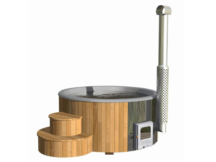 Wolff Finnhaus Badebottich Hot Tub de luxe 200 cm mit grauem GFK-Einsatz, integriertem Außenofen und