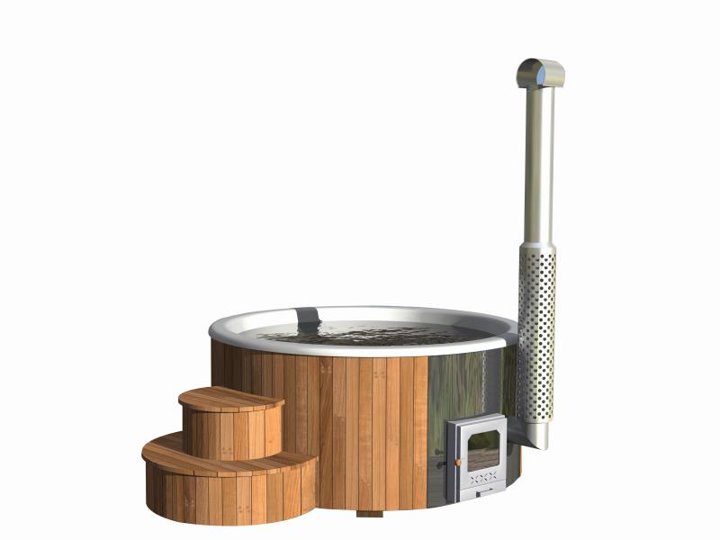 Wolff Finnhaus Badebottich Hot Tub de luxe Eiche mit weißem GFK-Einsatz, integriertem Außenofen