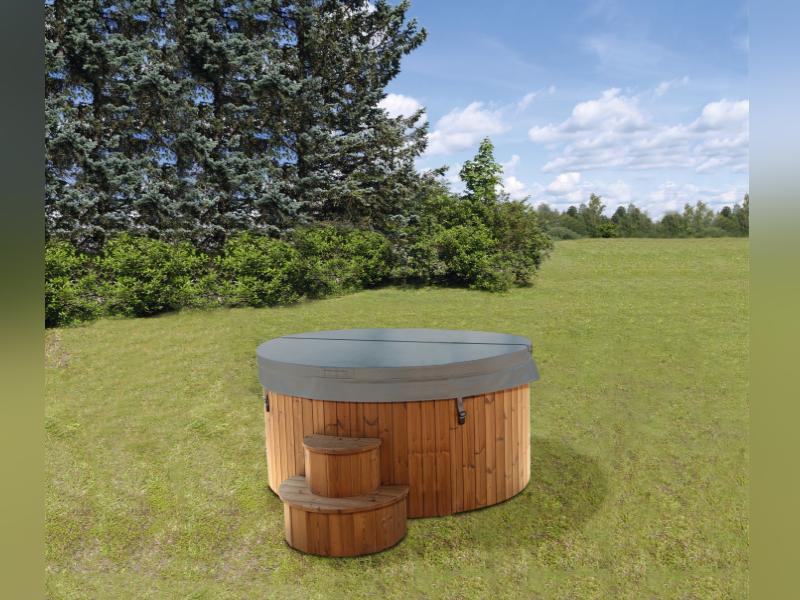 Wolff Finnhaus Badebottich Hot Tub de luxe Eiche mit grauem GFK-Einsatz, integriertem Außenofen