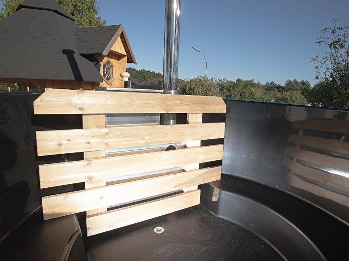 Wolff Finnhaus Badebottich Hot Tub de luxe Eiche mit grauem GFK-Einsatz, integriertem Außenofen