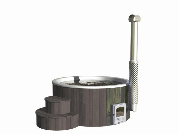 Wolff Finnhaus Badebottich Hot Tub de luxe Dunkelgrau mit weißem GFK-Einsatz, integriertem Außenofen