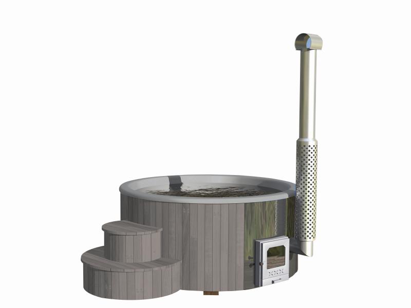 Wolff Finnhaus Badebottich Hot Tub de luxe Hellgrau mit grauem GFK-Einsatz, integriertem Außenofen