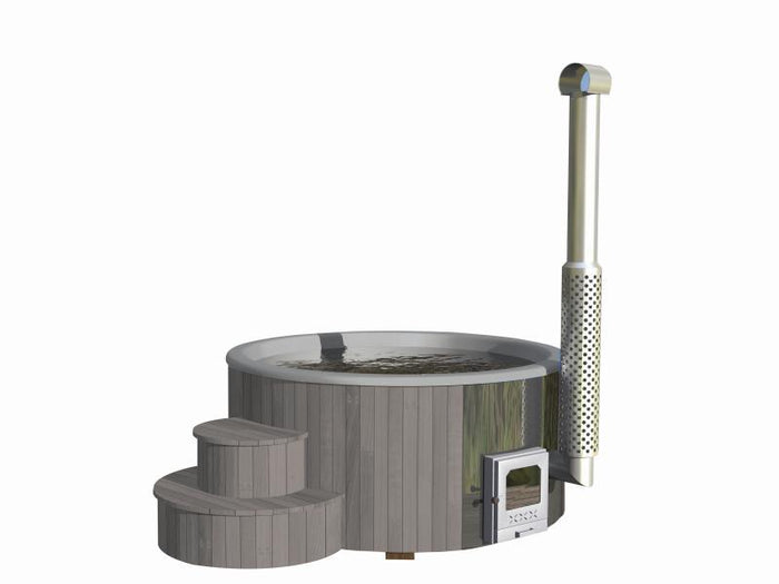 Wolff Finnhaus Badebottich Hot Tub de luxe Hellgrau mit grauem GFK-Einsatz, integriertem Außenofen
