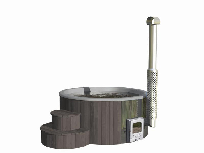 Wolff Finnhaus Badebottich Hot Tub de luxe Dunkelgrau mit grauem GFK-Einsatz, integriertem Außenofen