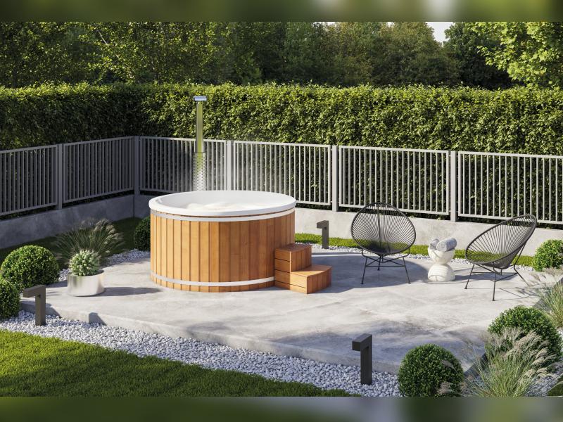 Wolff Finnhaus Badebottich Typ 1, cremeweißer Einsatz, Anstrich Pinie, integrierter Edelstahlofen