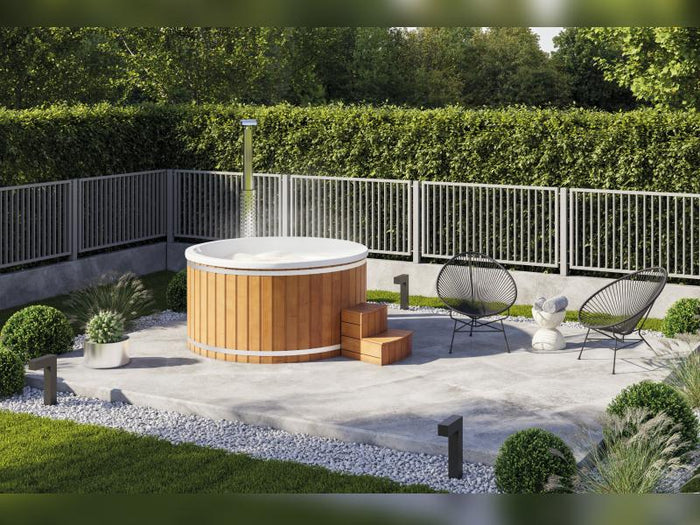 Wolff Finnhaus Badebottich Typ 1, cremeweißer Einsatz, Anstrich Pinie, integrierter Edelstahlofen