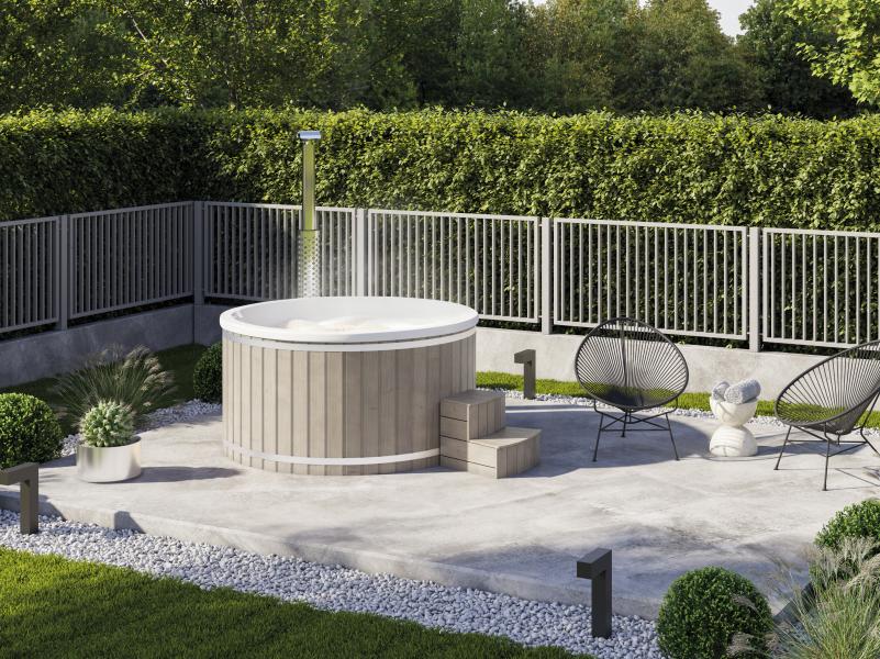 Wolff Finnhaus Badebottich Typ 1, cremeweißer Einsatz, Anstrich Silbergrau, integrierter Edelstahlof