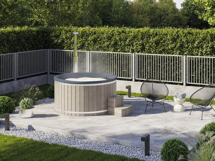 Wolff Finnhaus Badebottich Typ 1, grauer Einsatz, Anstrich Silbergrau, integrierter Edelstahlofen