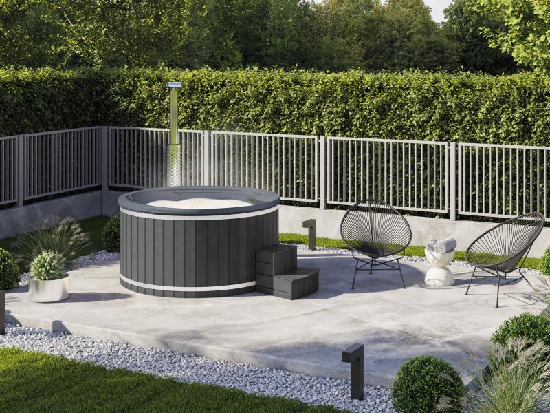 Wolff Finnhaus Badebottich Typ 1, grauer Einsatz, Anstrich Anthrazit, integrierter Edelstahlofen