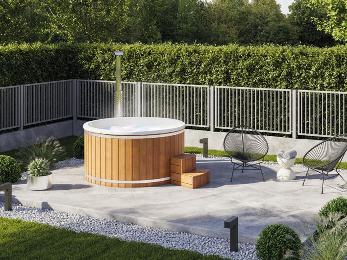 Wolff Finnhaus Badebottich Typ 2, cremeweißer Einsatz, Anstrich Pinie, integrierter Edelstahlofen, L