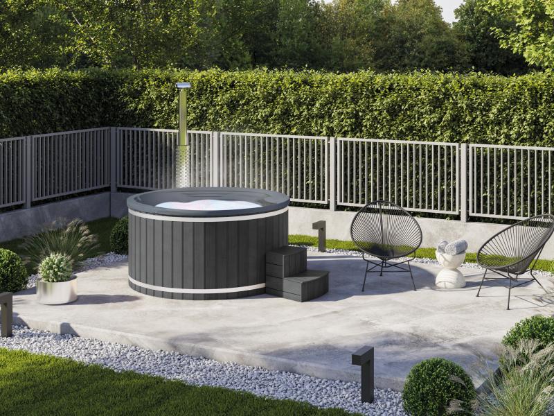 Wolff Finnhaus Badebottich Typ 2, grauer Einsatz, Anstrich Anthrazit, integrierter Edelstahlofen, in