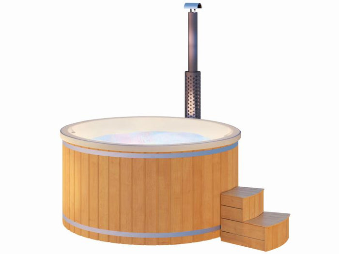 Wolff Finnhaus Badebottich Typ 3, cremeweißer Einsatz, Anstrich Pinie, integrierter Edelstahlofen, i