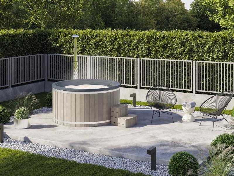 Wolff Finnhaus Badebottich Typ 3, grauer Einsatz, Anstrich Silbergrau, integrierter Edelstahlofen, i