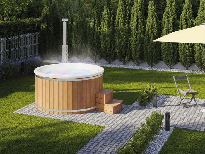 Wolff Finnhaus Badebottich Typ 4, cremeweißer Einsatz, Anstrich Pinie, integrierter Edelstahlofen, i