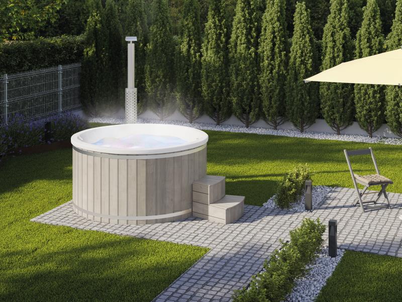 Wolff Finnhaus Badebottich Typ 4, cremeweißer Einsatz, Anstrich Silbergrau, integrierter Edelstahlof