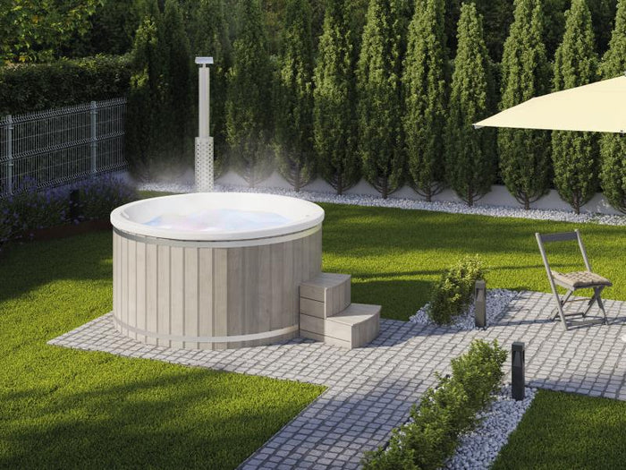 Wolff Finnhaus Badebottich Typ 4, cremeweißer Einsatz, Anstrich Silbergrau, integrierter Edelstahlof