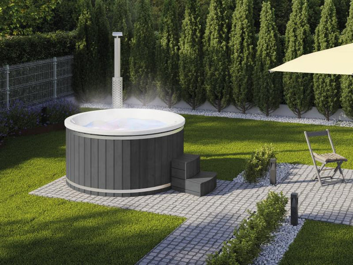 Wolff Finnhaus Badebottich Typ 4, cremeweißer Einsatz, Anstrich Anthrazit, integrierter Edelstahlofe