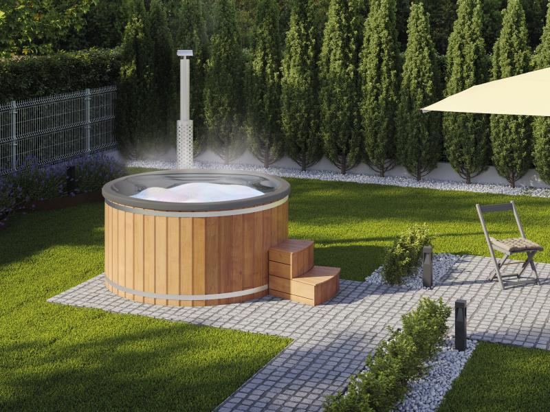 Wolff Finnhaus Badebottich Typ 4, grauer Einsatz, Anstrich Pinie, integrierter Edelstahlofen, inkl.