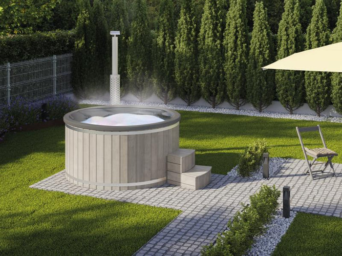 Wolff Finnhaus Badebottich Typ 4, grauer Einsatz, Anstrich Silbergrau, integrierter Edelstahlofen, i