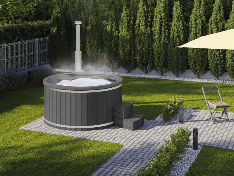 Wolff Finnhaus Badebottich Typ 4, grauer Einsatz, Anstrich Anthrazit, integrierter Edelstahlofen, in