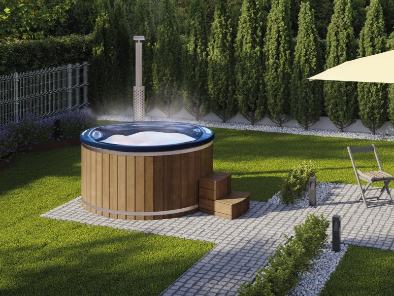 Wolff Finnhaus Badebottich Typ 5, blauer Einsatz, Thermoholz, integr. Edelstahlofen, inkl. Wassermas