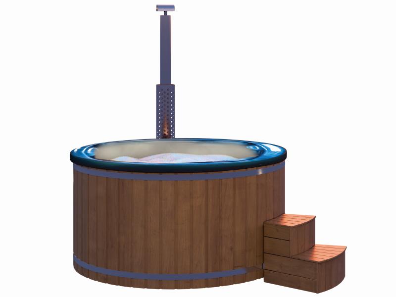 Wolff Finnhaus Badebottich Typ 5, blauer Einsatz, Thermoholz, integr. Edelstahlofen, inkl. Wassermas