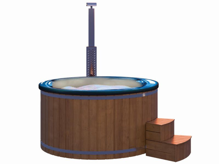 Wolff Finnhaus Badebottich Typ 5, blauer Einsatz, Thermoholz, integr. Edelstahlofen, inkl. Wassermas