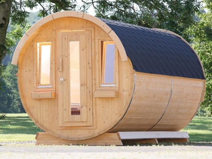 Wolff Finnhaus Campingfass 393, 2-Raum montiert mit schwarzen Dachschindeln