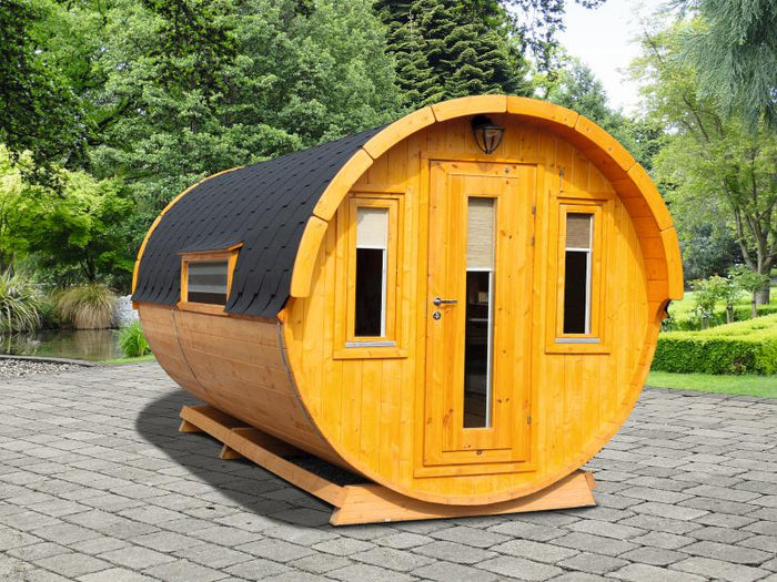 Wolff Finnhaus Campingfass Sylt 446-2, 2-Raum Bausatz mit schwarzen Dachschindeln.