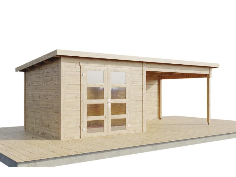 Wolff Finnhaus Gartenhaus Ole 6028, 28 mm, mit Anbau und Rückwand, naturbelassen, inkl. Fußboden