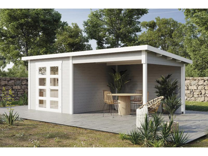 Wolff Finnhaus Gartenhaus Ole 6028, 28 mm, mit Anbau und Rückwand, hellgrau