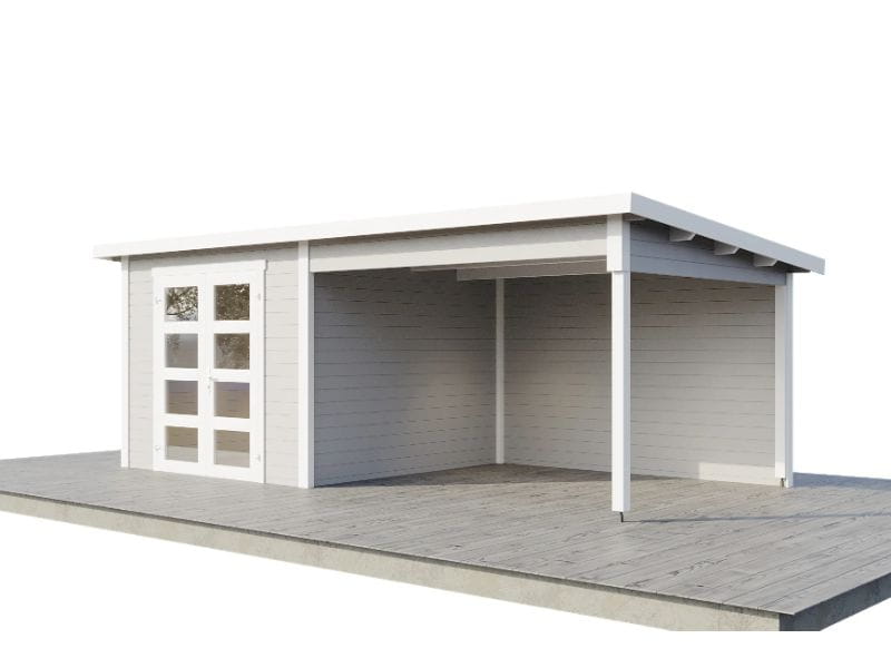 Wolff Finnhaus Gartenhaus Ole 6028, 28 mm, mit Anbau und Rückwand, hellgrau, inkl. Fußboden