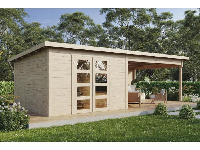 Wolff Finnhaus Gartenhaus Ole 7133, 28 mm, mit Anbau und Rückwand, naturbelassen