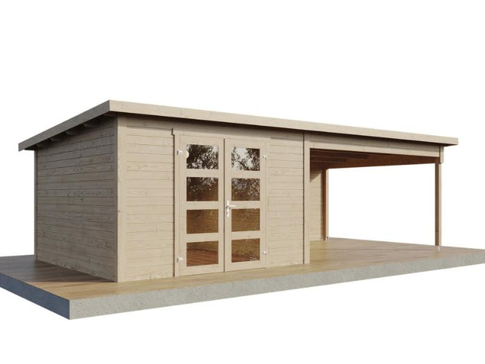 Wolff Finnhaus Gartenhaus Ole 7133, 28 mm, mit Anbau und Rückwand, naturbelassen, mit Fußboden